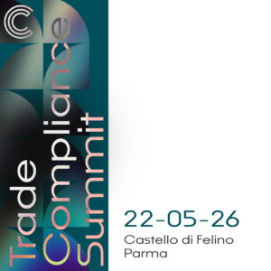 Visual grafico Trade Compliance Summit con logo Carbognani e data evento 22-05-26 al Castello di Felino